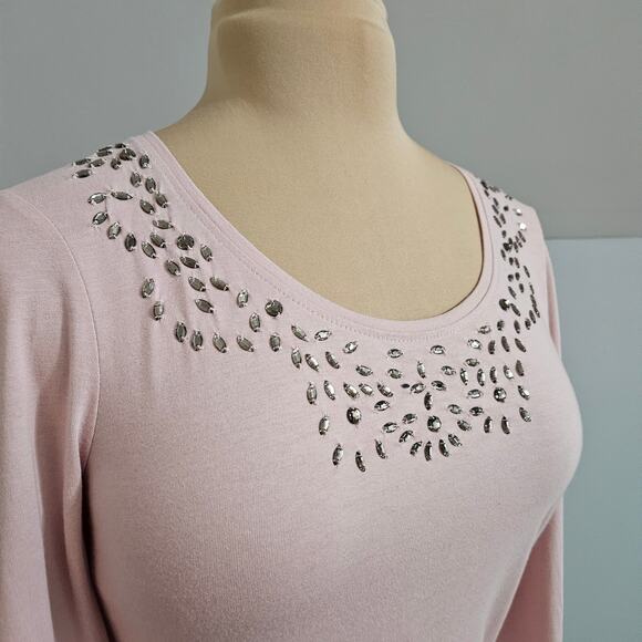 New Chico's Posh Pink Dazzling Rhinestone Scoopneck Long Sleeve Embellished Top - Picture 7 of 12